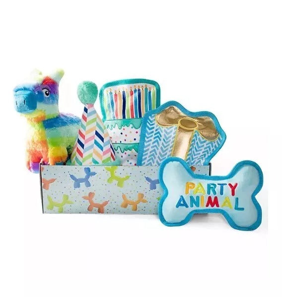 Party Animal Birthday Box Dog Toy Bundle, 5-Piece Set Blue