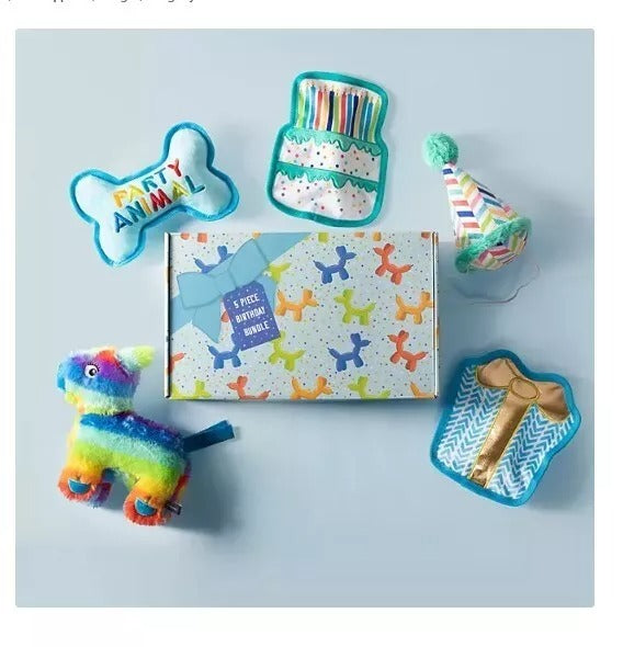 Party Animal Birthday Box Dog Toy Bundle, 5-Piece Set Blue