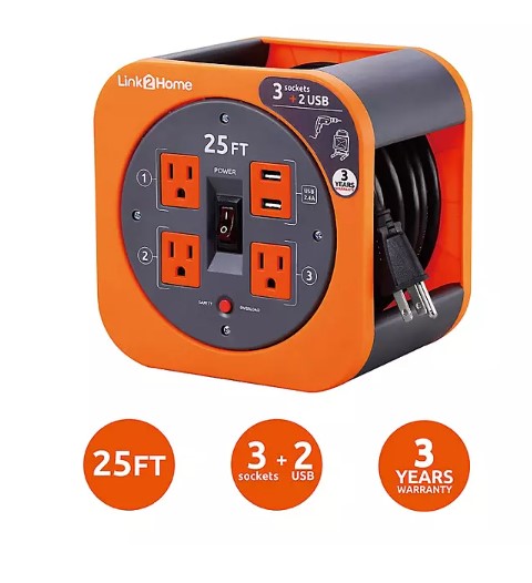 Link2Home Cord Reel 25' Extension Cord with 3 Power Outlets, 2 USB - 16 AWG Cable - Able Home Needs