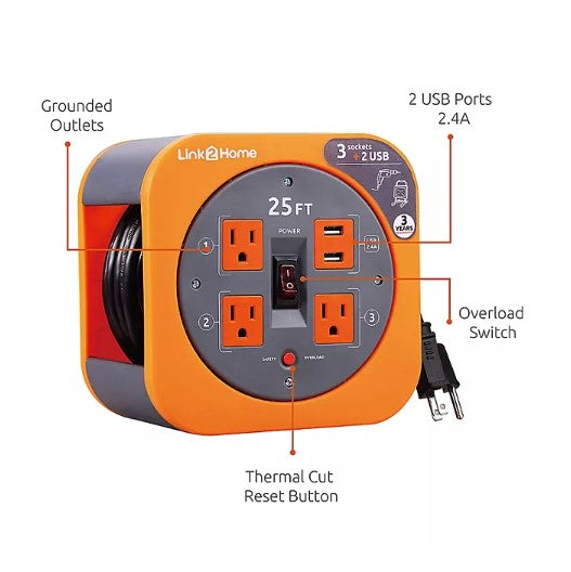 Link2Home Cord Reel 25' Extension Cord with 3 Power Outlets, 2 USB - 16 AWG Cable - Able Home Needs