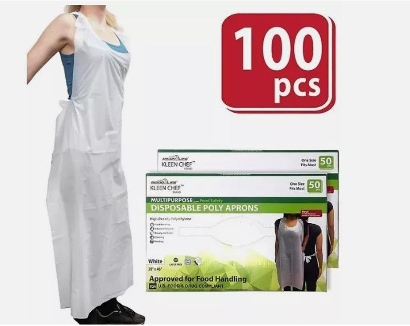 Kleen Chef Disposable Waterproof Poly Aprons, White 100 ct. - Able Home Needs