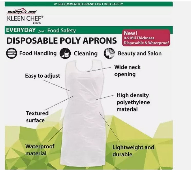 Kleen Chef Disposable Waterproof Poly Aprons, White 100 ct. - Able Home Needs