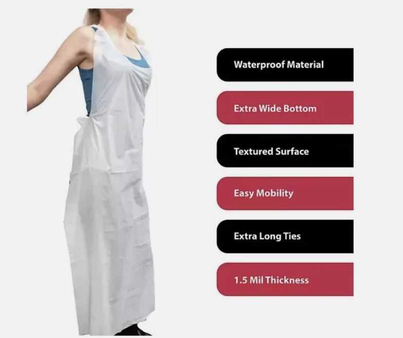 Kleen Chef Disposable Waterproof Poly Aprons, White 100 ct. - Able Home Needs