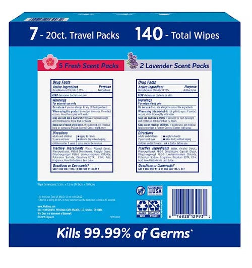 Wet Ones Antibacterial Hand Wipes, Fresh Scent/Lavender, 20 ct., 7 pk. - Able Home Needs