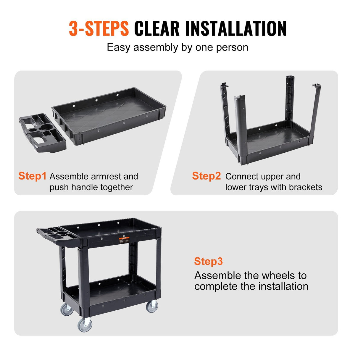 VEVOR Utility Service Cart, 2 Shelf 550LBS Heavy Duty Plastic Rolling Utility Cart with 360° Swivel Wheels, Medium Lipped Shelf, Ergonomic Storage Handle for Warehouse/Garage/Cleaning/Office - Able Home Needs