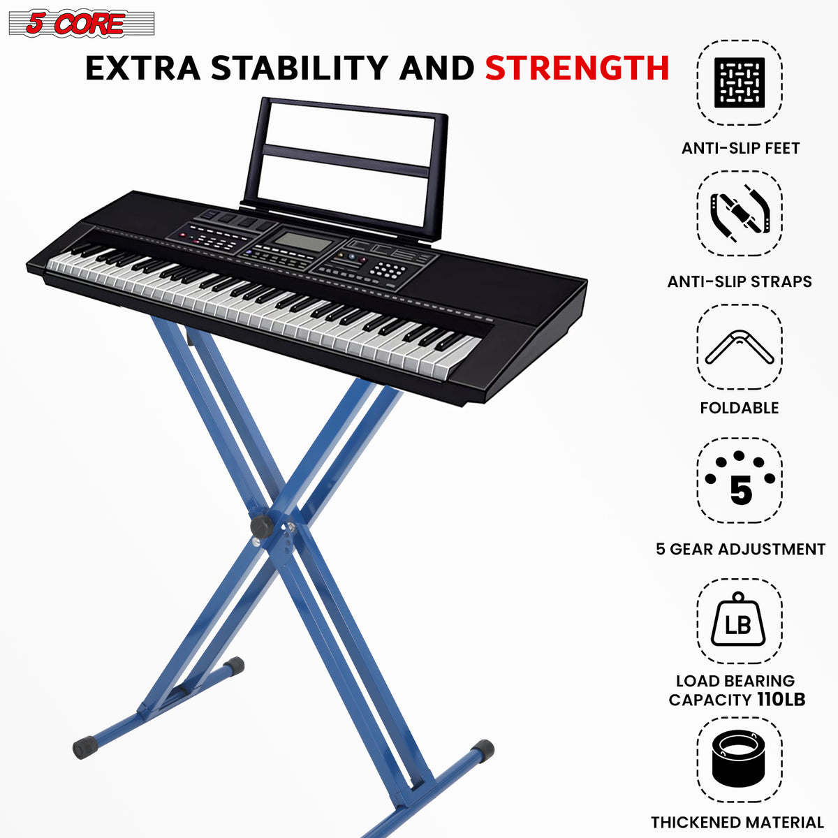 5 Core Keyboard Stand Digital Piano Riser Adjustable X Style Heavy Duty Electric Key Board Casio Synth Holder Foldable Portable Fits 54 61 88 Keys - KS 2X - Able Home Needs