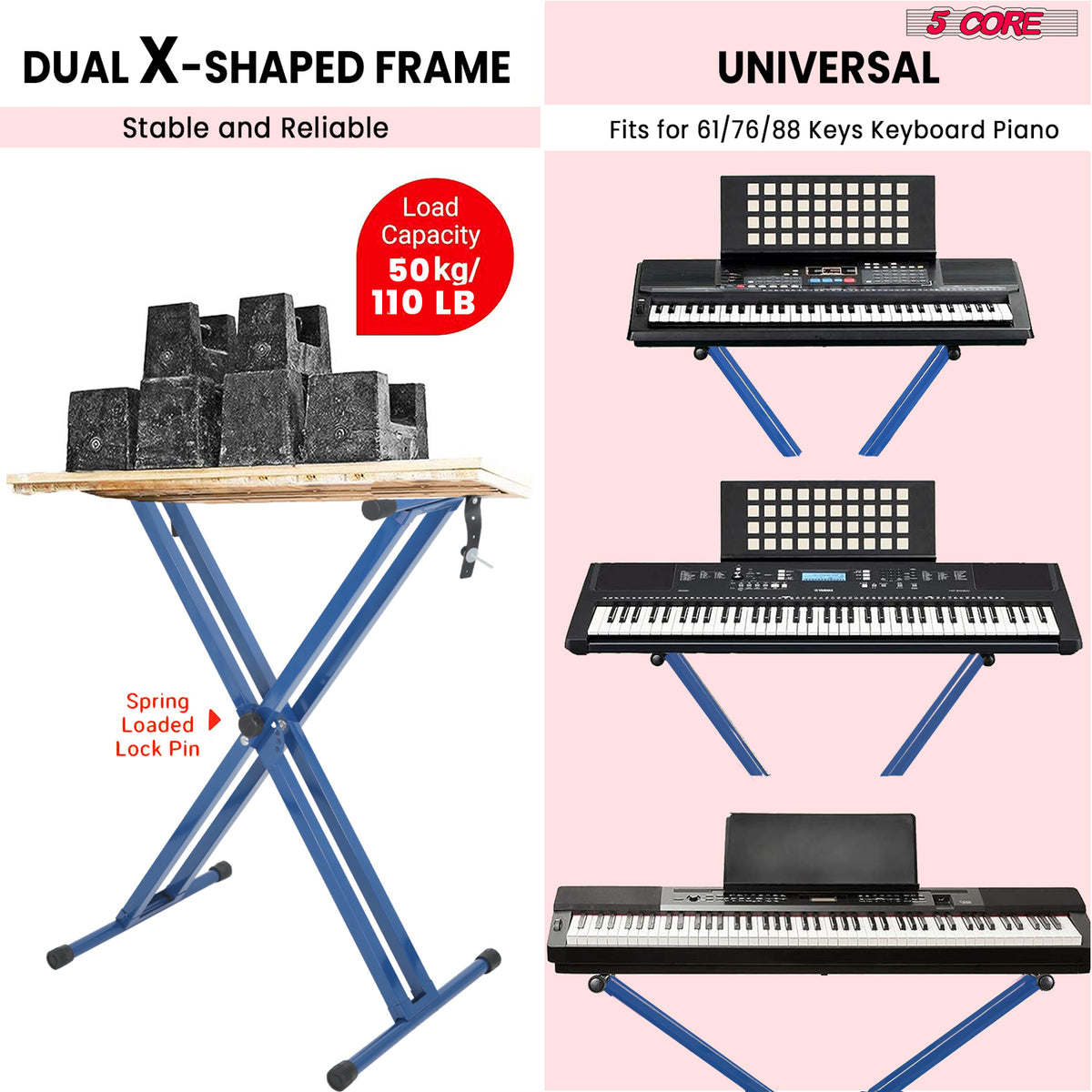 5 Core Keyboard Stand Digital Piano Riser Adjustable X Style Heavy Duty Electric Key Board Casio Synth Holder Foldable Portable Fits 54 61 88 Keys - KS 2X - Able Home Needs