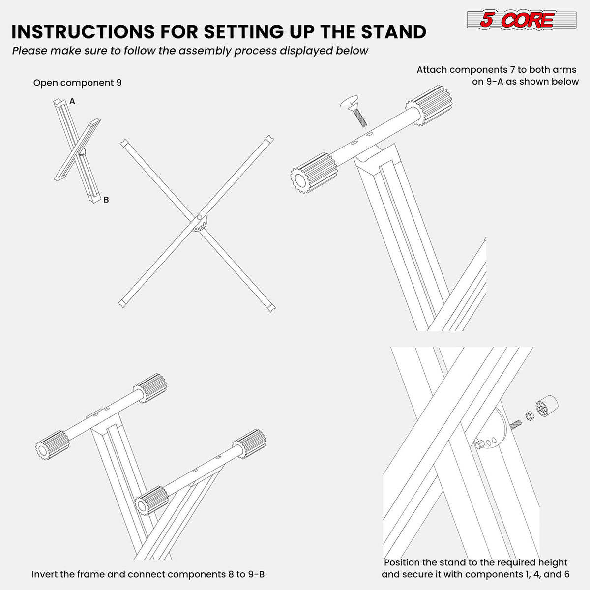 5 Core Keyboard Stand Digital Piano Riser Adjustable X Style Heavy Duty Electric Key Board Casio Synth Holder Foldable Portable Fits 54 61 88 Keys - KS 2X - Able Home Needs