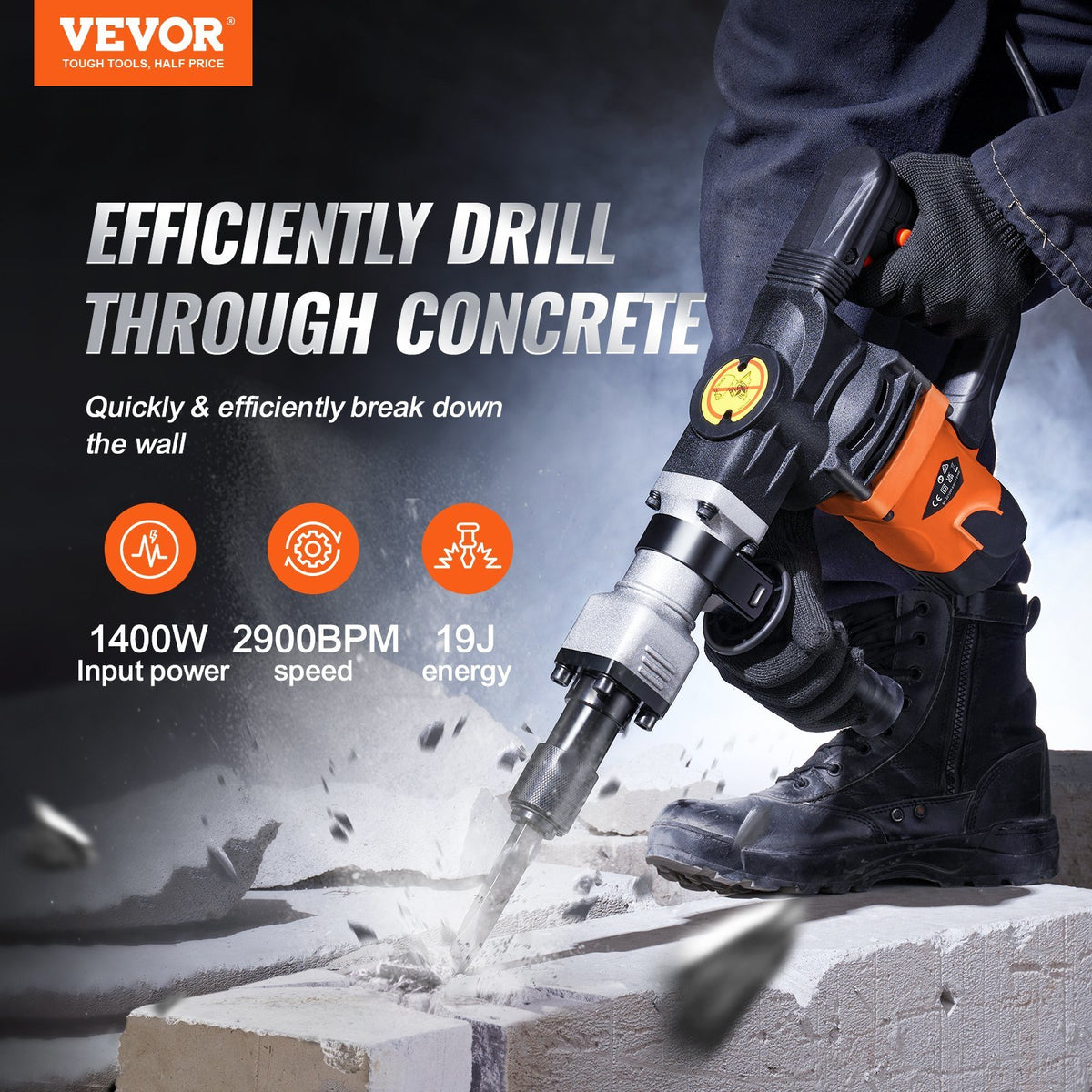 VEVOR Demolition Jack Hammer Concrete Breaker 1400W Electric Hammer 2 Chisel Bit - Able Home Needs