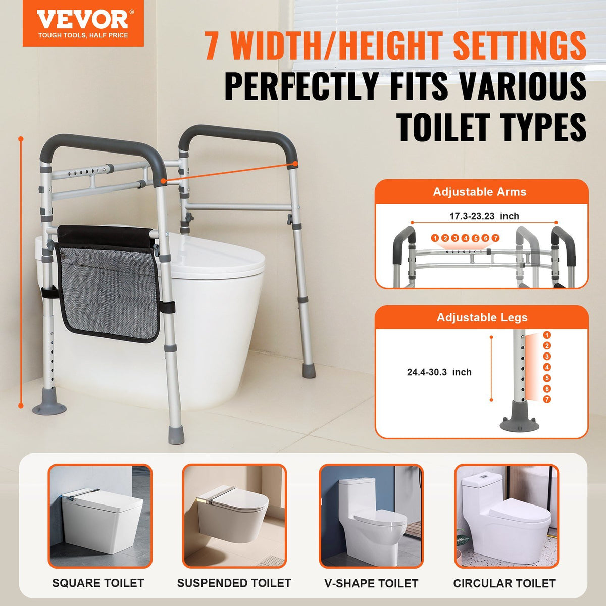 VEVOR Toilet Safety Rail, Folding Toilet Seat Frame, Adjustable Width & Height Fit Most Toilets, Supports 300lbs, Stand Alone Toilet Handles Grab Bars with Padded Arms for Handicap, Disabled, Seniors - Able Home Needs