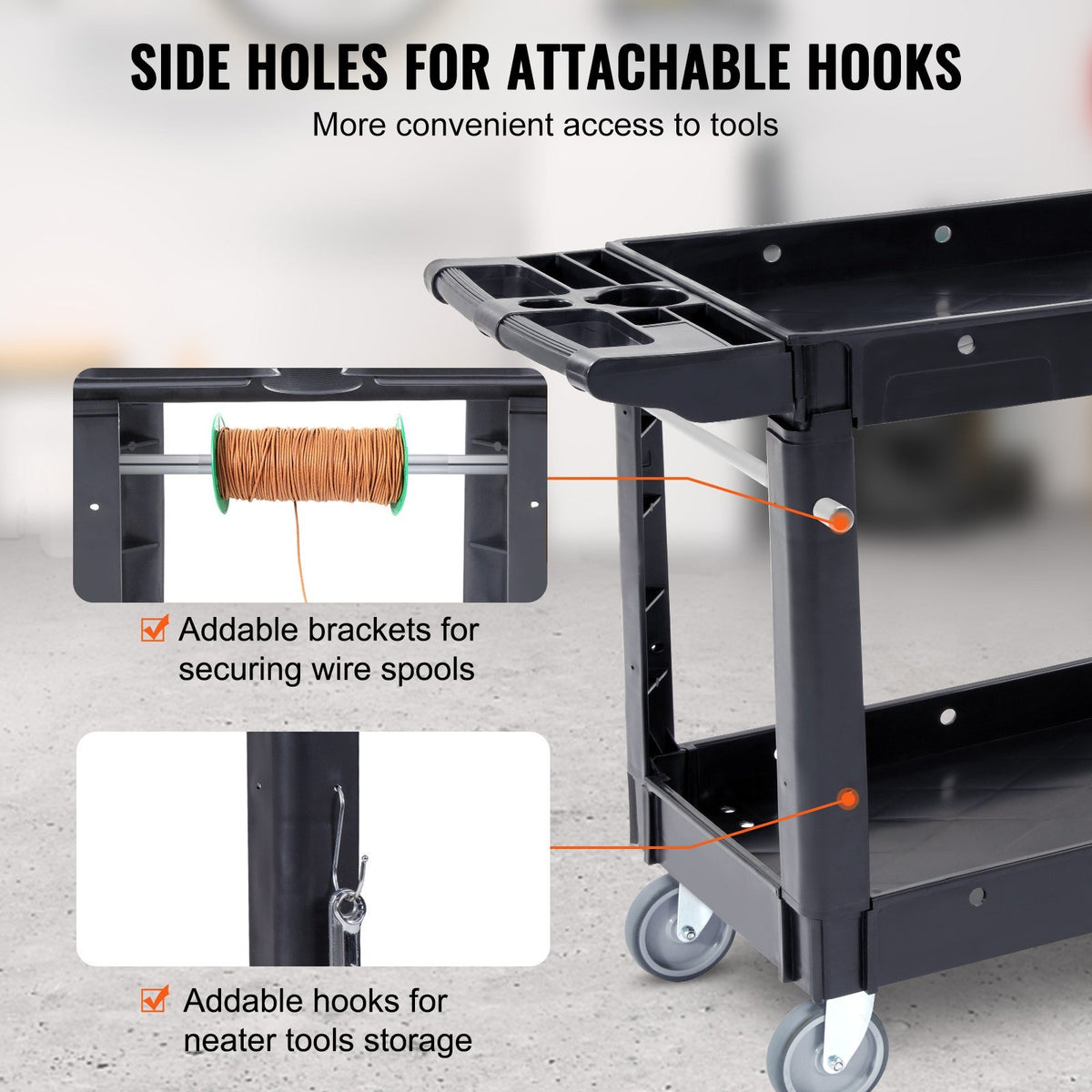 VEVOR Utility Service Cart, 2 Shelf 550LBS Heavy Duty Plastic Rolling Utility Cart with 360° Swivel Wheels, Medium Lipped Shelf, Ergonomic Storage Handle for Warehouse/Garage/Cleaning/Office - Able Home Needs