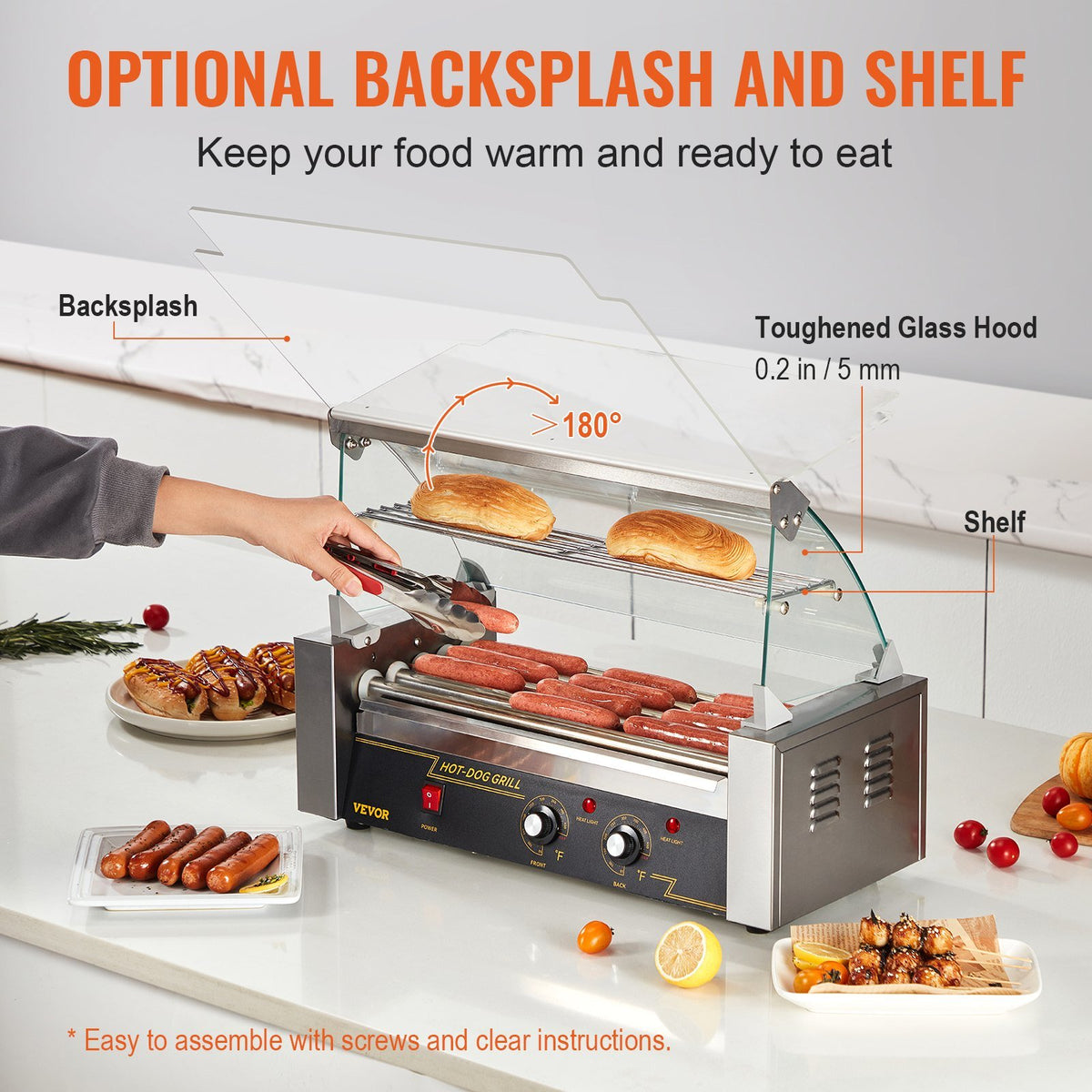 VEVOR Hot Dog Roller 5 Rollers 12 Hot Dogs Capacity, 750W Stainless Sausage Grill Cooker Machine with Dual Temp Control Glass Hood Acrylic Cover Bun Warmer Shelf Removable Oil Drip Tray ETL Certified - Able Home Needs