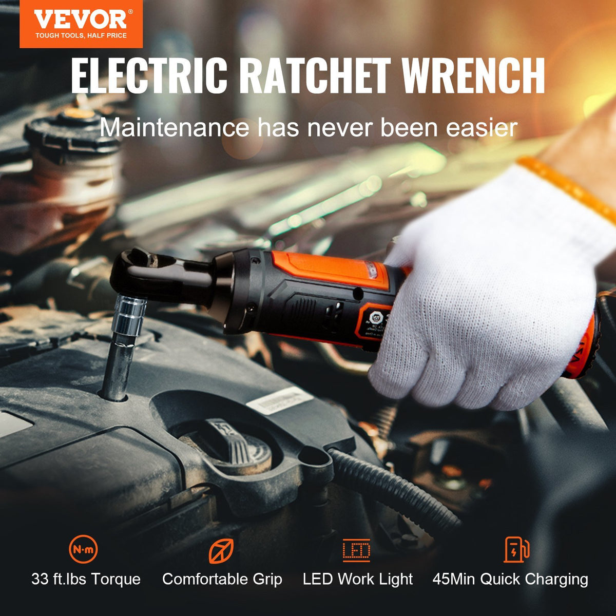 VEVOR 3/8" Cordless Electric Ratchet Wrench Set, 12V 33 Ft-lbs Power Ratchet Tool Kit, 45-Min Fast Charge, 2-Pack 2.0Ah Battery, Built-in LED Light, Variable Speed Trigger, 10 Sockets - Able Home Needs