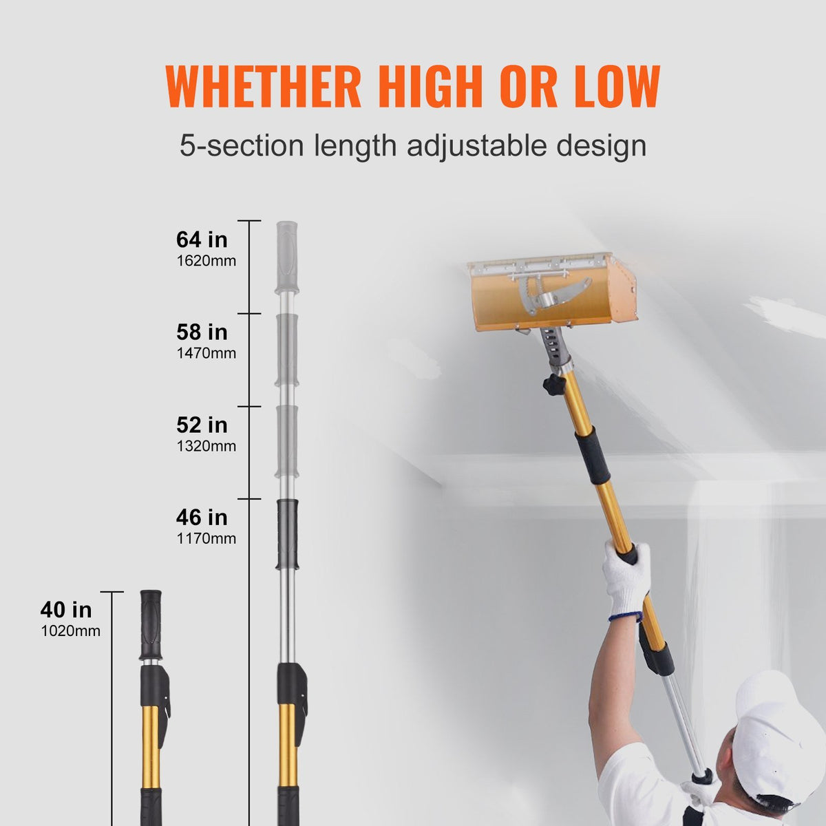 VEVOR Drywall Flat Box Handle; 40''-64''; Anodized Aluminum Flat Finishing Extension Handle; 5-Section Length Adjustable; Non-slip Grip and 360° Painting for Plasterboard; Wallboard; Sheetrock - Able Home Needs