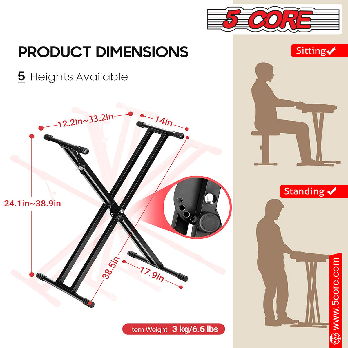 5 Core Keyboard Stand Digital Piano Riser Adjustable X Style Heavy Duty Electric Key Board Casio Synth Holder Foldable Portable Fits 54 61 88 Keys - KS 2X - Able Home Needs