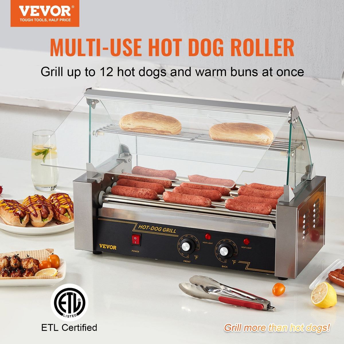 VEVOR Hot Dog Roller 5 Rollers 12 Hot Dogs Capacity, 750W Stainless Sausage Grill Cooker Machine with Dual Temp Control Glass Hood Acrylic Cover Bun Warmer Shelf Removable Oil Drip Tray ETL Certified - Able Home Needs