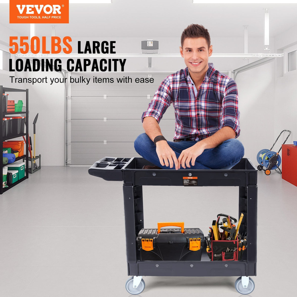 VEVOR Utility Service Cart, 2 Shelf 550LBS Heavy Duty Plastic Rolling Utility Cart with 360° Swivel Wheels, Medium Lipped Shelf, Ergonomic Storage Handle for Warehouse/Garage/Cleaning/Office - Able Home Needs