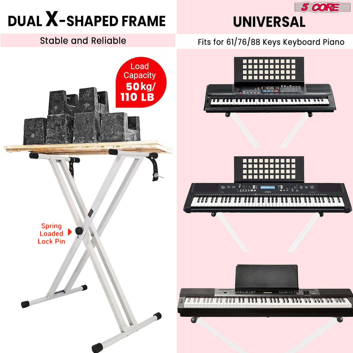 5 Core Keyboard Stand Digital Piano Riser Adjustable X Style Heavy Duty Electric Key Board Casio Synth Holder Foldable Portable Fits 54 61 88 Keys - KS 2X - Able Home Needs