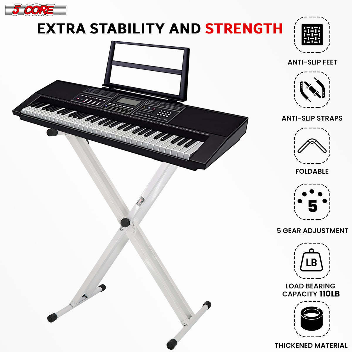 5 Core Keyboard Stand Digital Piano Riser Adjustable X Style Heavy Duty Electric Key Board Casio Synth Holder Foldable Portable Fits 54 61 88 Keys - KS 2X - Able Home Needs